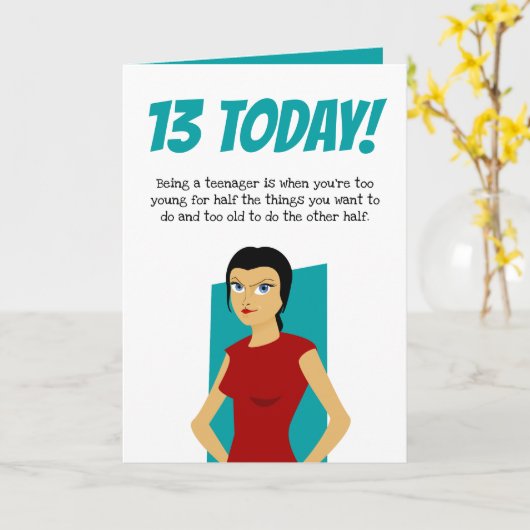 13おもしろい誕生日 |ティースガール10代の若者 カード (黄色い花)