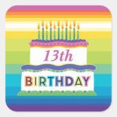 13お誕生日ケーキレインボーのステッストライプカー スクエアシール (正面)