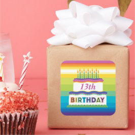 13お誕生日ケーキレインボーのステッストライプカー スクエアシール