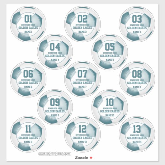 13のティール(緑がかった色)の白いサッカーチームのセットは、女の子の男の子を色にする シール (シート)