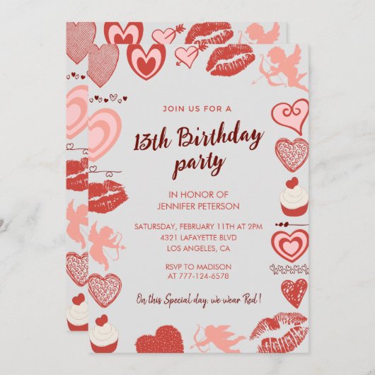 13エレガント歳の誕生日招待状グレイ赤いハート 招待状 (正面/裏面)