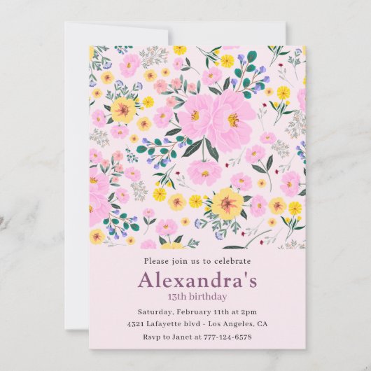 13エレガント歳の誕生日招待状ピンクフローラシック 招待状 (正面)