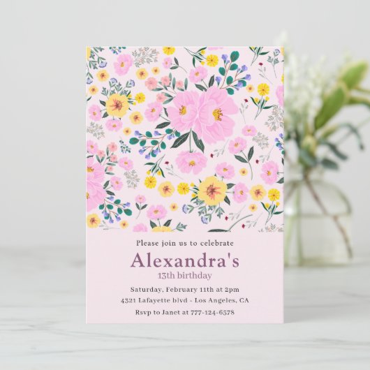 13エレガント歳の誕生日招待状ピンクフローラシック 招待状 (スタンド正面)