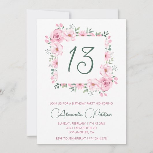 13エレガント歳の誕生日招待状フローラピンク 招待状 (正面)