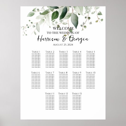 13テーブル緑のエレガントな結婚式のシーティングチャート ポスター (正面)