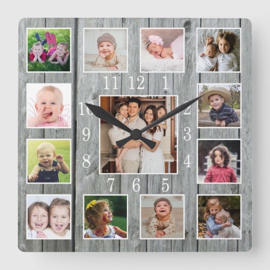 13パーソナライズされたフォトコラージュグ素朴レーウッド スクエア壁時計 (正面)