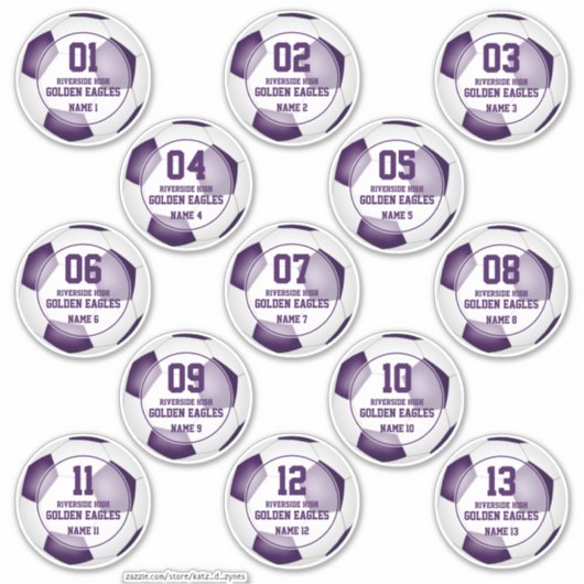 13パープルの白いサッカーチームの少年少女セット シール (正面)