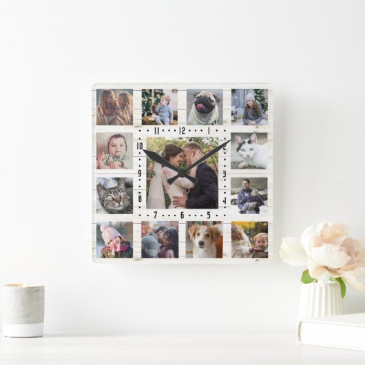 13ファミリーフォトコラージュファ素朴ームハウスLTウッド スクエア壁時計 (ホーム)
