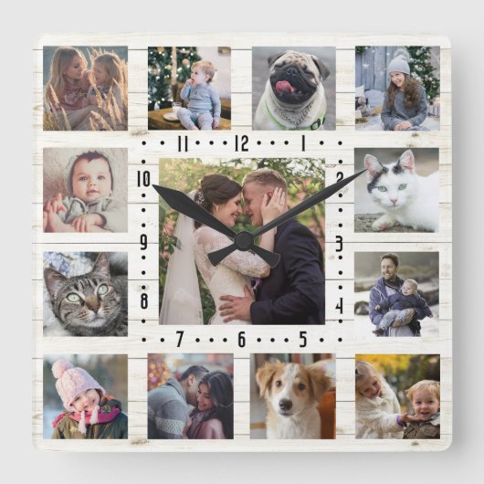 13ファミリーフォトコラージュファ素朴ームハウスLTウッド スクエア壁時計 (正面)