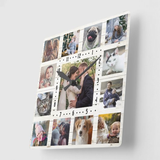 13ファミリーフォトコラージュファ素朴ームハウスLTウッド スクエア壁時計 (傾斜)