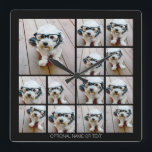 13フォトコラファンキーージュとシンプル文字 スクエア壁時計<br><div class="desc">13枚の正方形の写真を使用し、家ユニーク名や日付の場所と一緒にトレンディーと写真のコラージュを作成します。変もし更を行うには、のまわりに何でもクリック動かすカスタマイズ必要があります。</div>