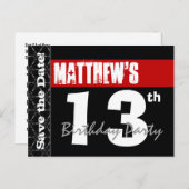 13モダン番目の誕生日日付を保存Red Black V004 案内ポストカード (正面/裏面)