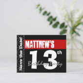 13モダン番目の誕生日日付を保存Red Black V004 案内ポストカード (スタンド正面)