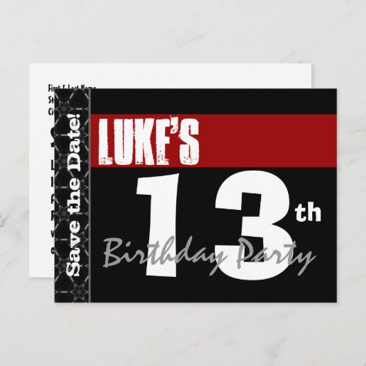 13モダン誕生日日付を保存する赤い黒V03 案内ポストカード (正面/裏面)