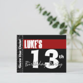 13モダン誕生日日付を保存する赤い黒V03 案内ポストカード (スタンド正面)