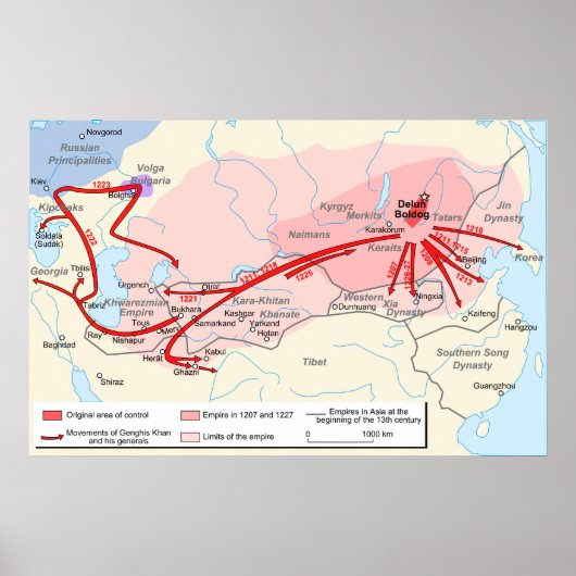 13世紀のジンギスカン帝国の地図 ポスター (正面)