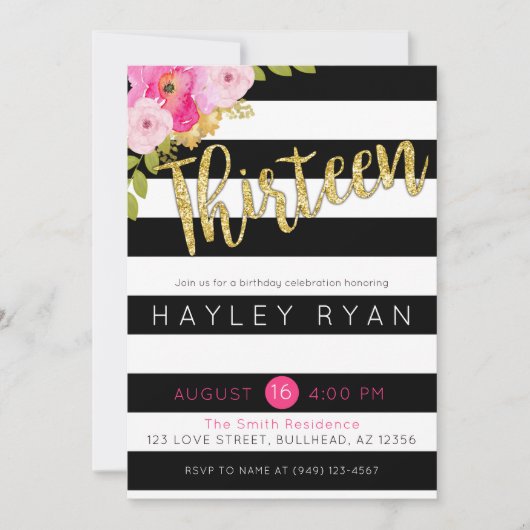 13位誕生日白黒ストライプ 招待状 (正面)