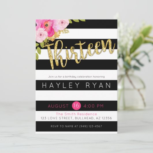 13位誕生日白黒ストライプ 招待状 (スタンド正面)