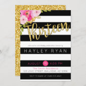 13位誕生日白黒ストライプ 招待状 (正面/裏面)