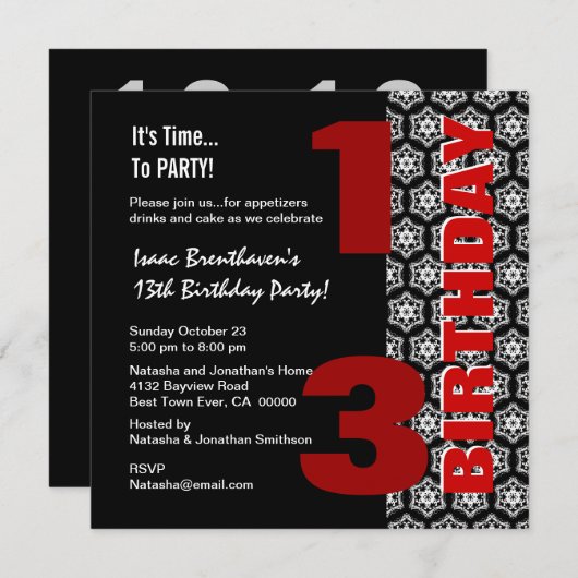 13位10代の誕生日モダン白黒星G405 招待状 (正面/裏面)