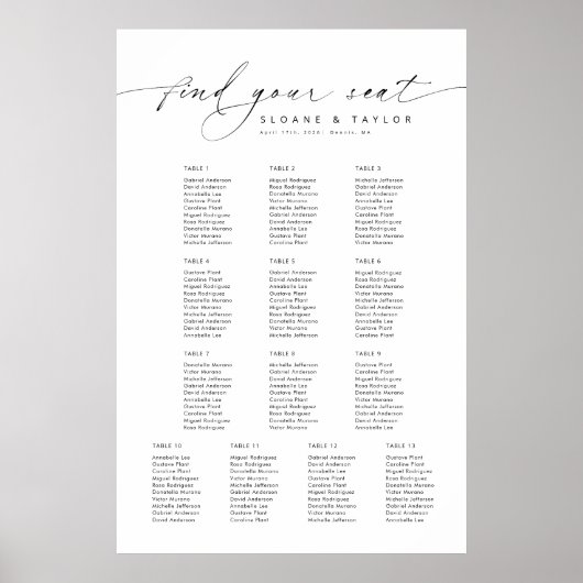 13台のエレガントテーブルで座席表を見つける ポスター (正面)