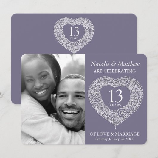 13周年レースのウェディングアニバーサリー グレー ホワイト 招待状 (正面/裏面)