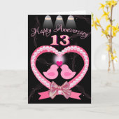 13周年記念結婚ピンクハートラブバード カード (黄色い花)