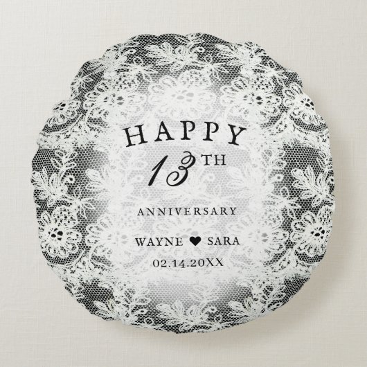 13周年 黒と白のレースの結婚記念日 ラウンドクッション (正面)