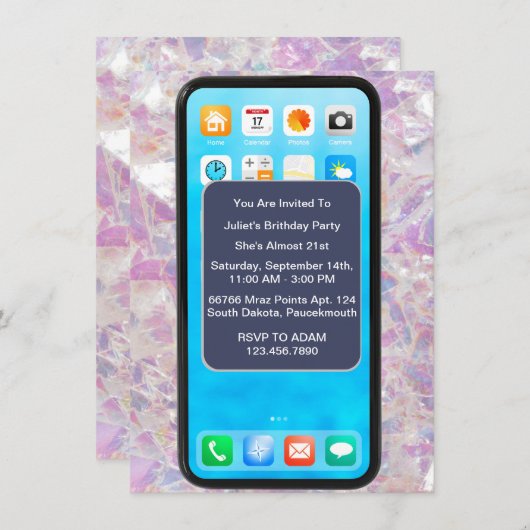 13日14日15日18日21番目の携帯電話誕生日 招待状 (正面/裏面)