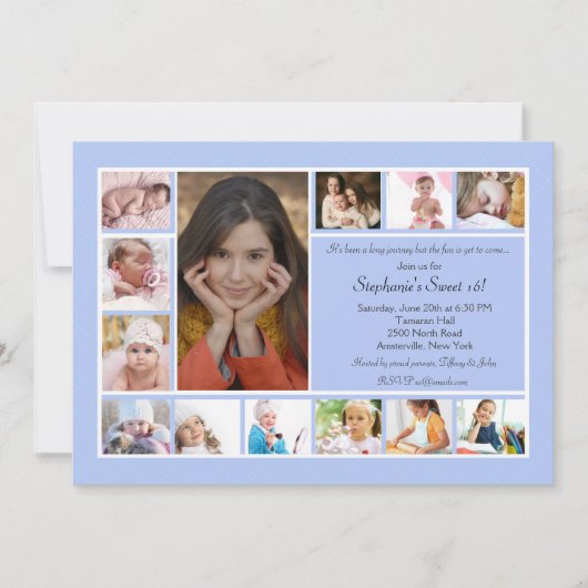 13枚の写真コラージュ 縦型 青い写真招待状2 招待状 (正面)