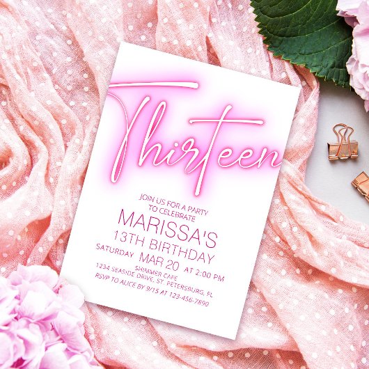 13歳の女の子のネオンピンクの誕生日パーティー 招待状