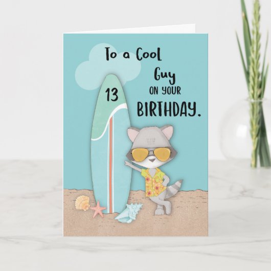 13歳の男の子の誕生日 ビーチ 面白い かっこいい アライグマ カード (正面)
