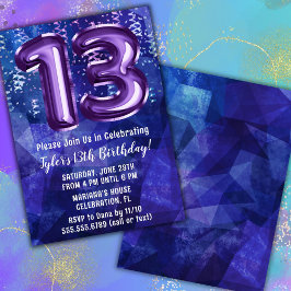 13歳の誕生日おめでとう ブルー+パープル ボーイ 招待状