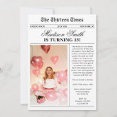 13歳の誕生日おめでとう モダン新聞風フォト 招待状 (正面)