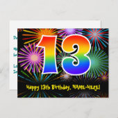 13歳の誕生日おめでとう - 楽しい花火模様 + 虹13 ポストカード (正面/裏面)