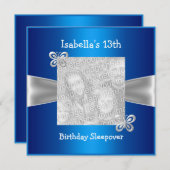13歳の誕生日お泊まりパーティー蝶の写真青 招待状 (正面/裏面)