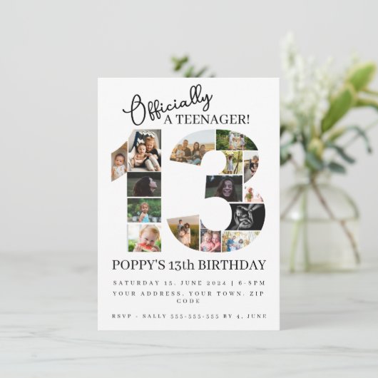 13歳の誕生日が正式に10代の若者写真コラージュ 招待状 (スタンド正面)