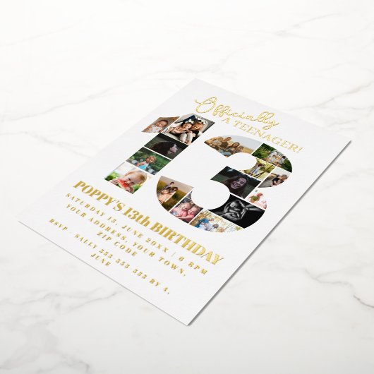 13歳の誕生日が正式に10代の若者写真コラージュ 箔招待状 (回転した状態)