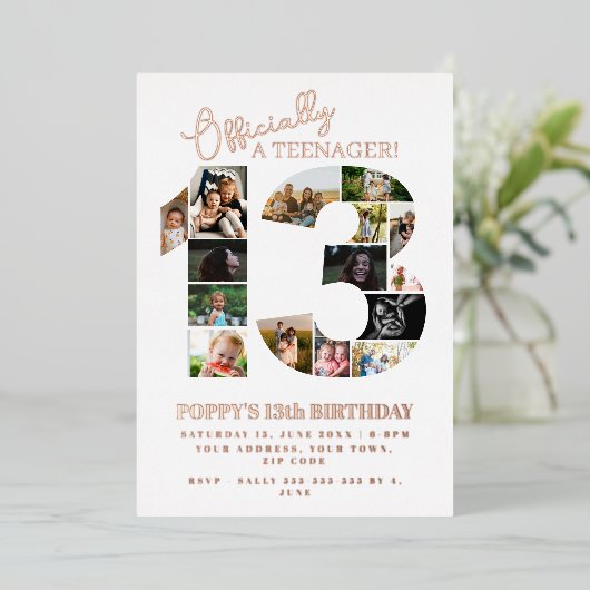 13歳の誕生日が正式に10代の若者写真コラージュ 箔招待状 (立ち正面)