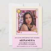 13歳の誕生日の招待レトロGroovy Pinkフローラ 招待状 (正面)