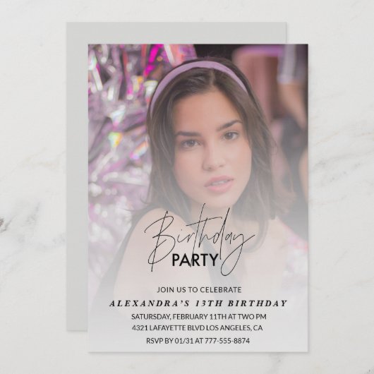 13歳の誕生日の招待Birthday Partyフォトグレー 招待状 (正面/裏面)