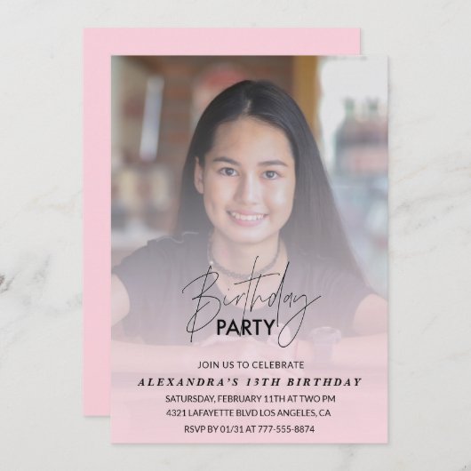 13歳の誕生日の招待Birthday Partyフォトピンク 招待状 (正面/裏面)