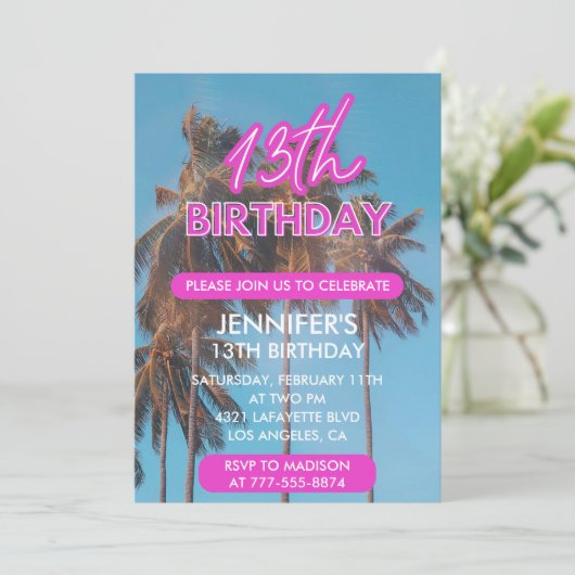 13歳の誕生日を迎える夏のピンクのヤシの木 招待状 (スタンド正面)