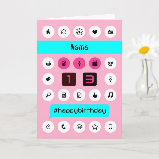 13歳の誕生日を追加した名前頭が切れる電話ピインスパイアンク カード (小さな植物)