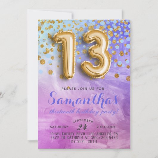 13歳の誕生日コンフェティ招待状 招待状 (正面)