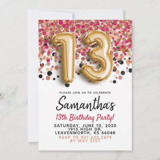 13歳の誕生日ゴールドの紙吹雪の招待状 招待状 (正面)