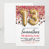 13歳の誕生日ゴールドの紙吹雪の招待状 招待状 (正面/裏面)