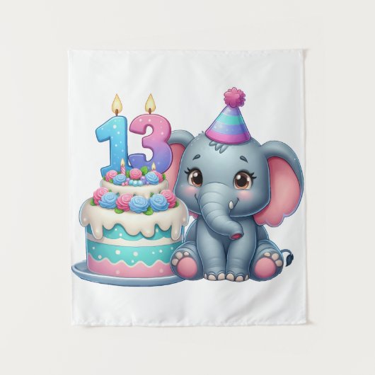 13歳の誕生日ゾウのケーキ タペストリー (正面)