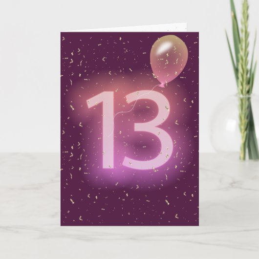 13歳の誕生日ネオンサインとバルーン カード (正面)