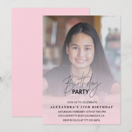 13歳の誕生日パーティーの招待状 バースデー パーティーの写真 ピンク 招待状 (正面/裏面)